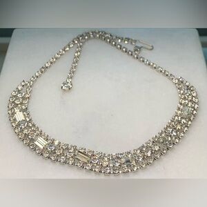 Kramer Rhinestone Necklace – Vintage 1950s Clear Crystal Silver Tone 15” Choker